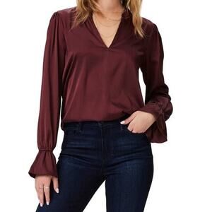 NEW PAIGE Dusty Cherrywood Laurin Satin Frilled Ruffled Long Sleeve Blouse XS